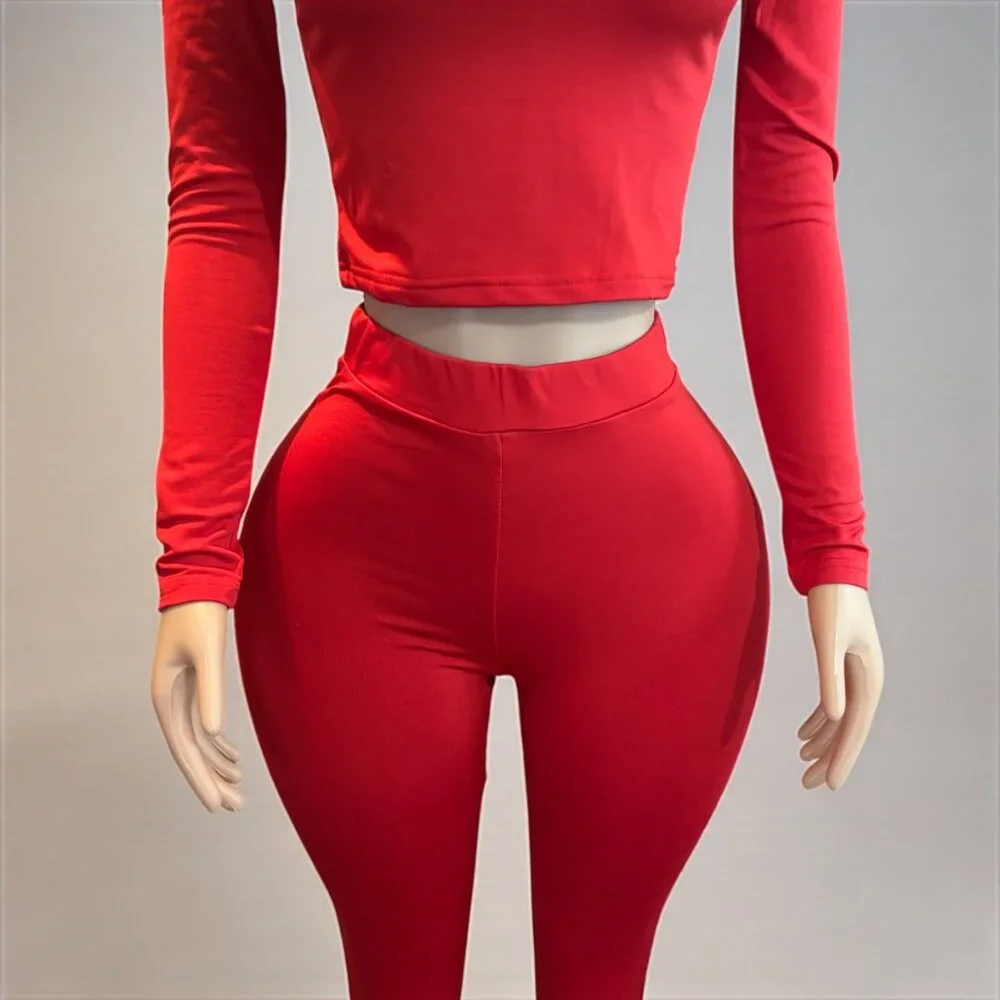 2 Piece Top and Long Pant Red Set